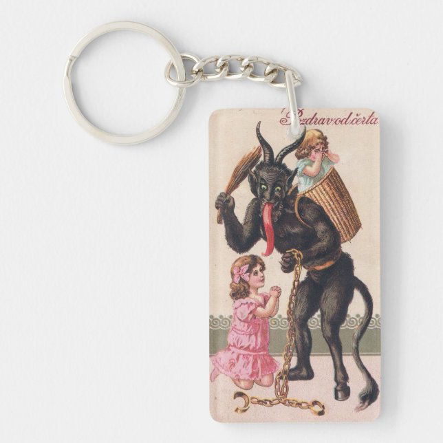 Krampus Scaring Girls Vintage Demon Christmas Keychain (Front)