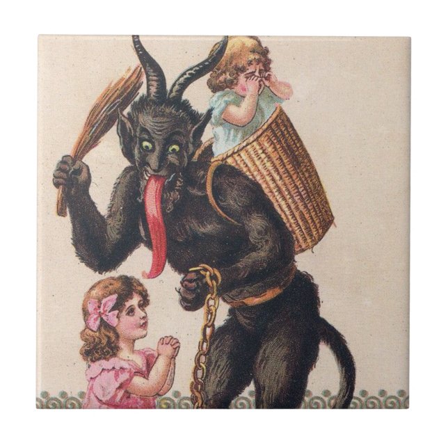 Krampus Scaring Girls Vintage Holiday Christmas Tile (Front)