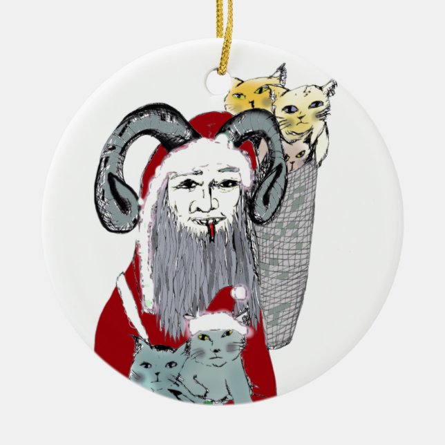 Krampus Stealing Kittens on Christmas Ceramic Ornament (Front)