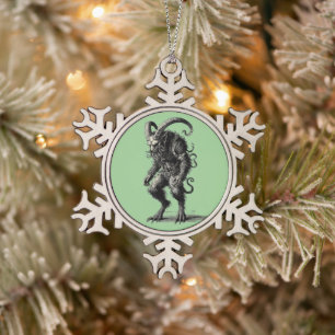Krampus Vintage Illustration Green Snowflake Pewter Christmas Ornament