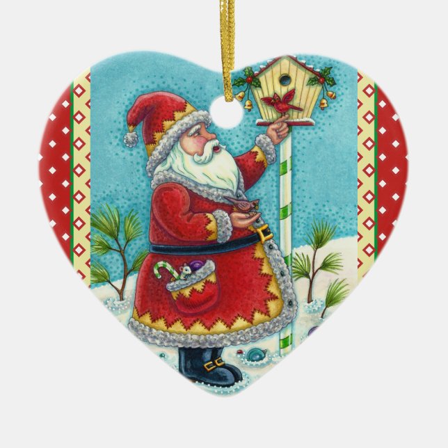 KRIS KRINGLE FEEDING REDBIRDS, CHRISTMAS BIRDHOUS CERAMIC ORNAMENT (Front)