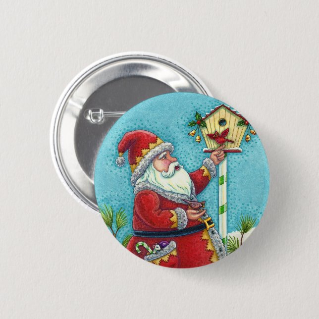 KRIS KRINGLE FEEDING REDBIRDS, CHRISTMAS BIRDHOUSE 2 INCH ROUND BUTTON (Front & Back)