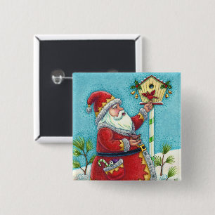 KRIS KRINGLE FEEDING REDBIRDS, CHRISTMAS BIRDHOUSE 2 INCH SQUARE BUTTON