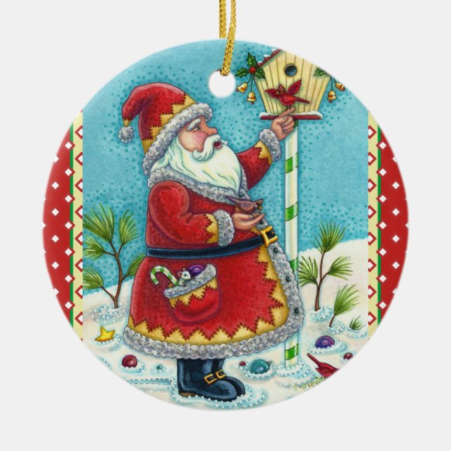 KRIS KRINGLE FEEDING REDBIRDS, CHRISTMAS BIRDHOUSE CERAMIC ORNAMENT (Front)