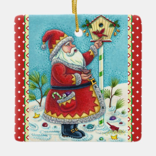 KRIS KRINGLE FEEDING REDBIRDS, CHRISTMAS BIRDHOUSE CERAMIC ORNAMENT (Front)