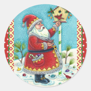 KRIS KRINGLE FEEDING REDBIRDS, CHRISTMAS BIRDHOUSE CLASSIC ROUND STICKER