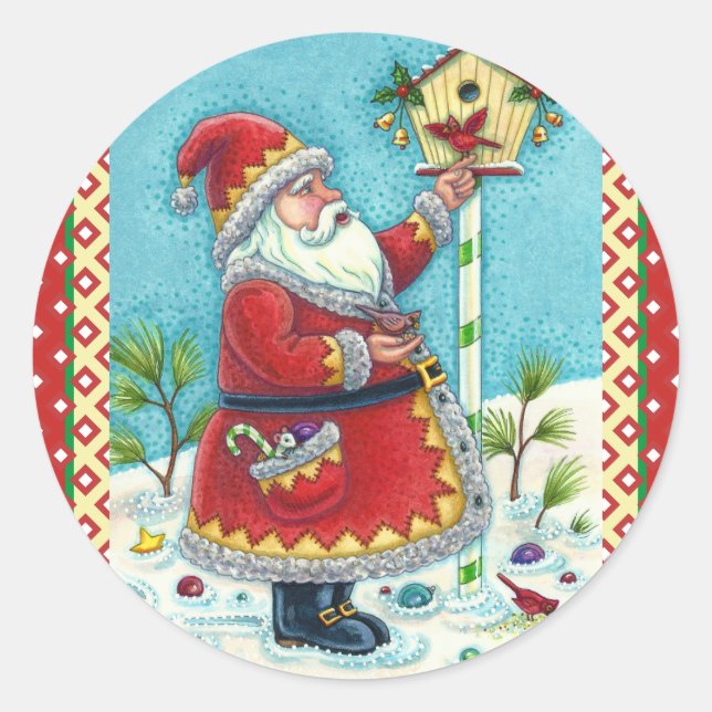 KRIS KRINGLE FEEDING REDBIRDS, CHRISTMAS BIRDHOUSE CLASSIC ROUND STICKER (Front)