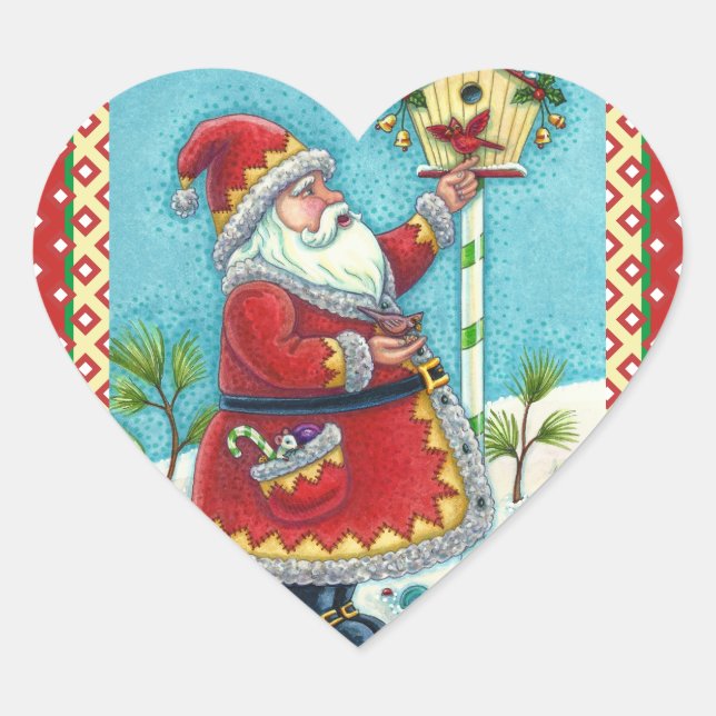 KRIS KRINGLE FEEDING REDBIRDS, CHRISTMAS BIRDHOUSE HEART STICKER (Front)