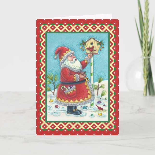 KRIS KRINGLE FEEDING REDBIRDS, CHRISTMAS BIRDHOUSE HOLIDAY CARD (Front)