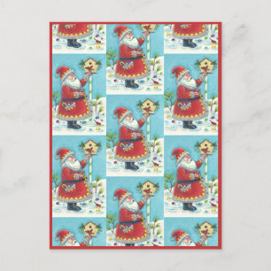 KRIS KRINGLE FEEDING REDBIRDS, CHRISTMAS BIRDHOUSE HOLIDAY POSTCARD