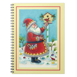 KRIS KRINGLE FEEDING REDBIRDS, CHRISTMAS BIRDHOUSE NOTEBOOK