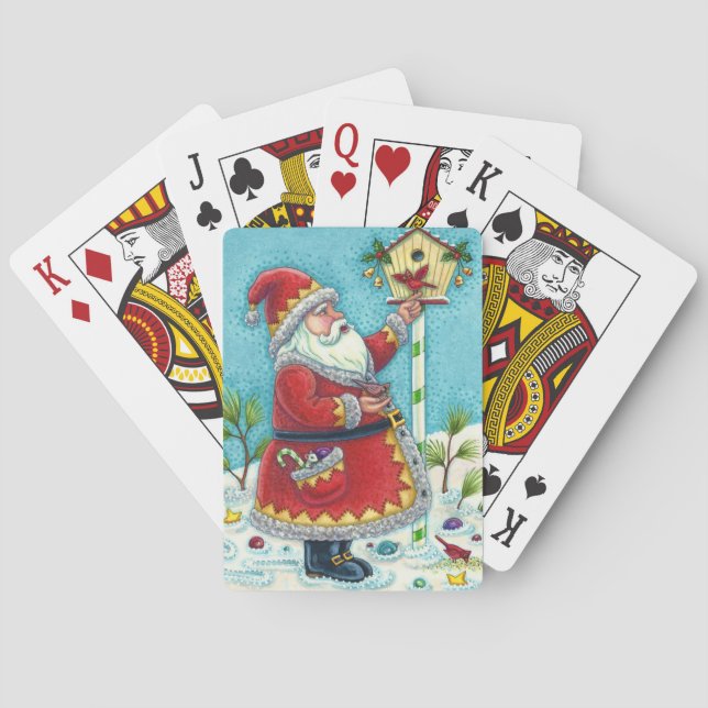 KRIS KRINGLE FEEDING REDBIRDS, CHRISTMAS BIRDHOUSE PLAYING CARDS (Back)