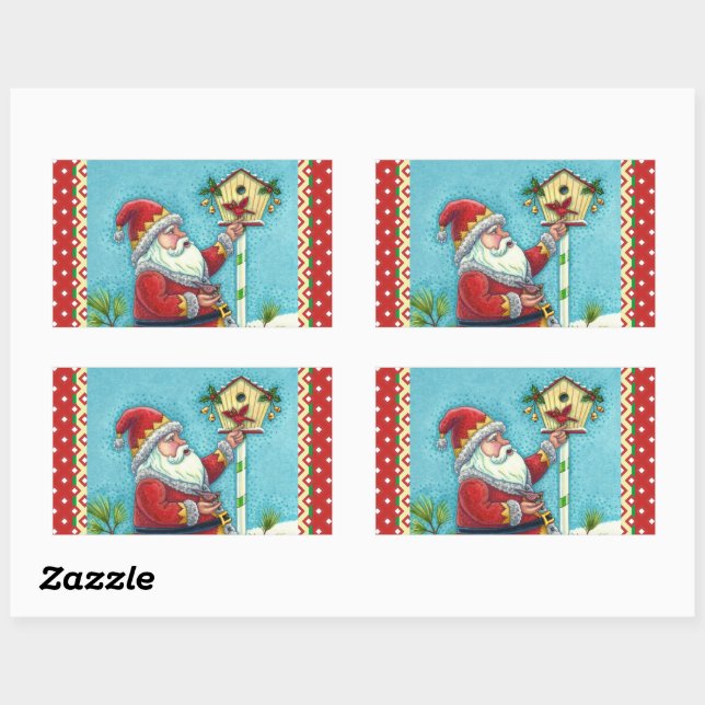 KRIS KRINGLE FEEDING REDBIRDS, CHRISTMAS BIRDHOUSE STICKER (Sheet)