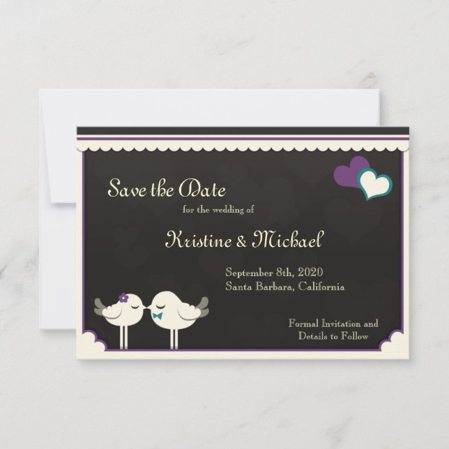 Kris Violet Teal Love Birds Save the Date (Front)