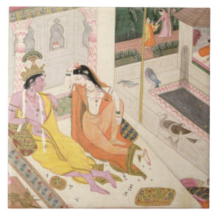Krishna and Radha on a bed in a Mogul palace, Punj Tile