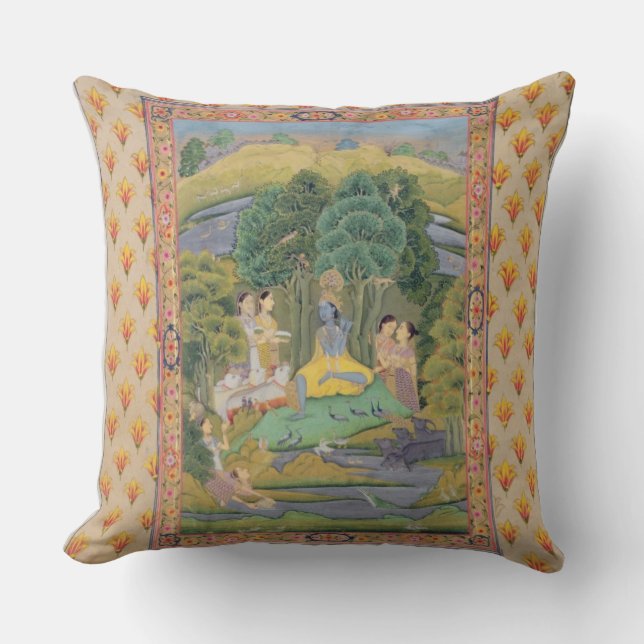Krishna and the Gopis (gouache on paper) Throw Pillow (Front)