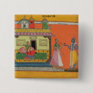 Krishna arriving at Radha's house, illustration fr 2 Inch Square Button