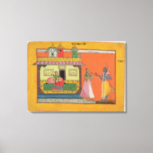 Krishna arriving at Radha's house, illustration fr Canvas Print