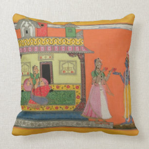 Krishna arriving at Radha's house, illustration fr Throw Pillow