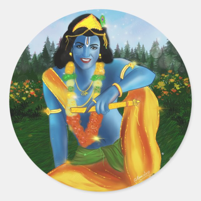 Krishna in garden classic round sticker (Front)
