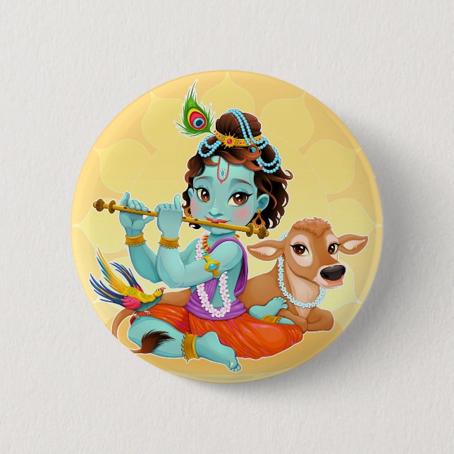 Krishna Indian God playing flute illustration 2 Inch Round Button (Front)