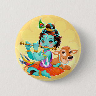 Krishna Indian God playing flute illustration 2 Inch Round Button