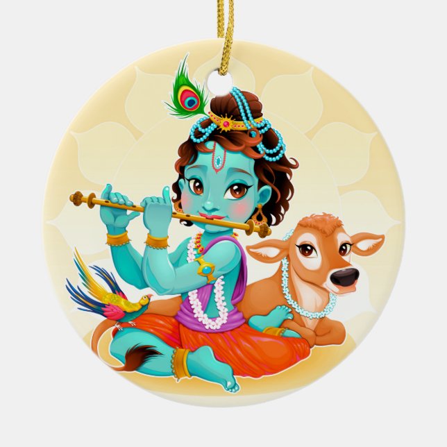 Krishna Indian God playing flute illustration Ceramic Ornament (Front)