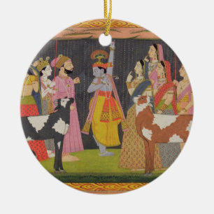 Krishna lifting Mount Govardhana, from the 'Bhagav Ceramic Ornament