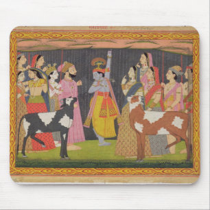 Krishna lifting Mount Govardhana, from the 'Bhagav Mouse Pad