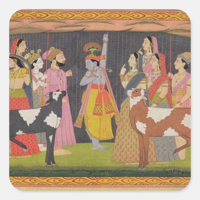 Krishna lifting Mount Govardhana, from the 'Bhagav Square Sticker (Front)
