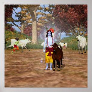 Krishna with cow poster