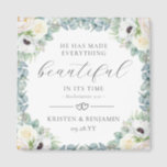 Kristen Christian Wedding Favours Bible Verse Magnet<br><div class="desc">Add a spiritual touch to your wedding favours with these elegant, Christian wedding favour magnets featuring a beautiful wreath of exquisitely hand painted, white watercolor flowers and eucalyptus greenery and the Bible verse "He has made everything beautiful in its time" (Ecclesiastes 3:11). To reposition elements or change fonts and text...</div>