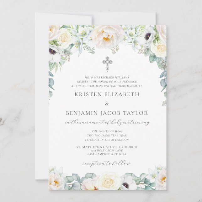 Kristen Simple White Floral Catholic Wedding Invitation (Front)