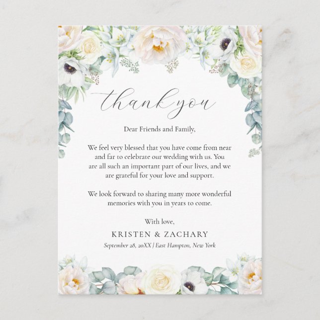Kristen White Floral Wedding Reception Thank You Postcard (Front)