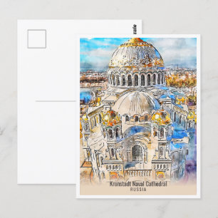Kronstadt Naval Cathedral Travel Place Watercolor Postcard
