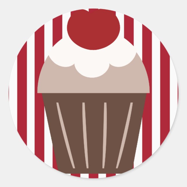 KRW Chocolate Cherry Cupcake Striped Classic Round Sticker (Front)