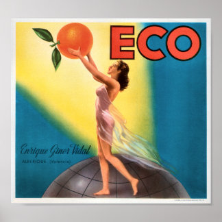 KRW Eco Oranges Vintage Fruit Crate Label Poster