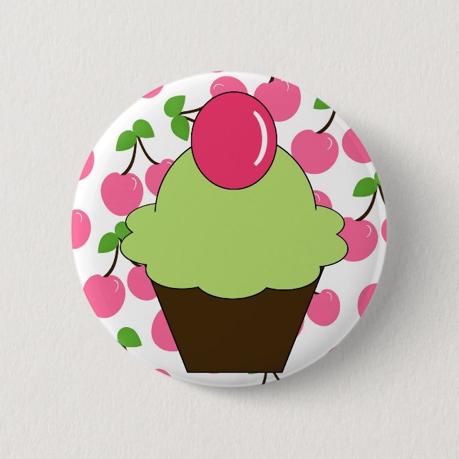 KRW Fun Green Cupcake with Cherries 2 Inch Round Button (Front)