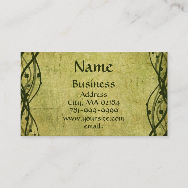 KRW Green Celtic Shamrock Parchment Custom Business Card (Front)