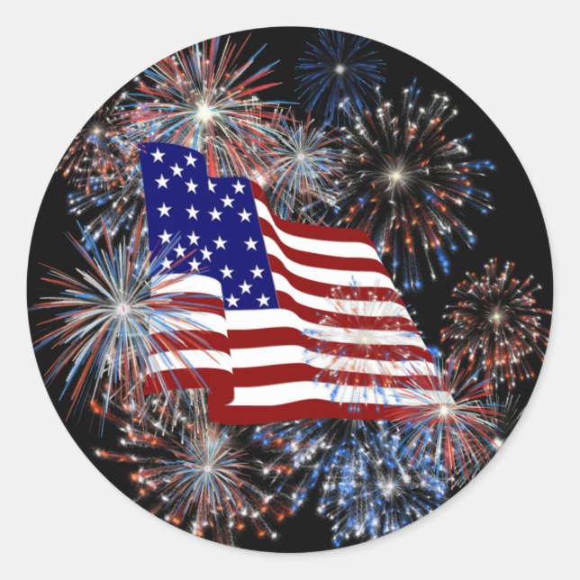 KRW Patriotic American Flag and Fireworks Classic Round Sticker (Front)