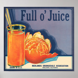KRW Vintage Full o' Juice Orange Fruit Crate Label Poster