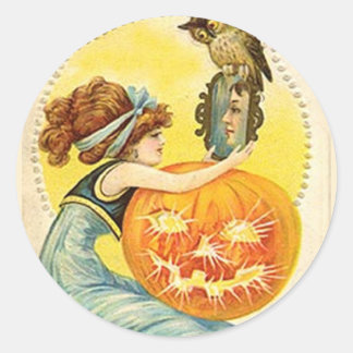 KRW Vintage Lady and Jack O Lantern Halloween Classic Round Sticker