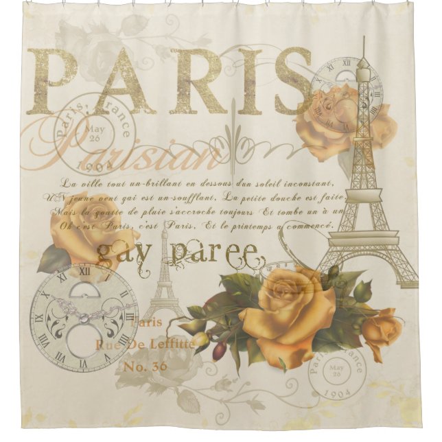 KRW Vintage Paris Rose Eiffel Tower Shower Curtain (Front)