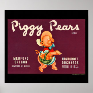 KRW Vintage Piggy Pears Fruit Crate Label Poster