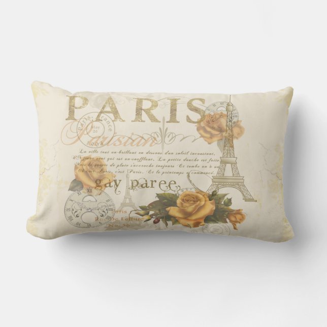 KRW Vintage Style Paris Roses Eiffel Tower Pillow (Front)