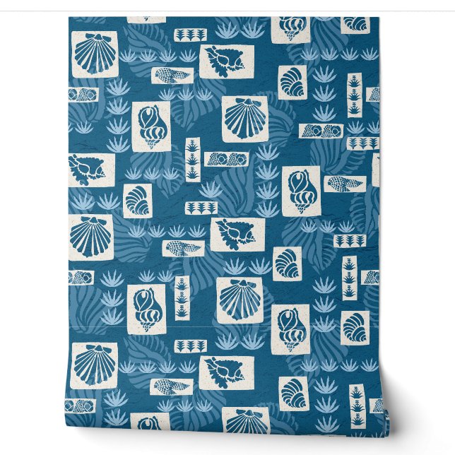 Kua Bay Hawaiian Undersea Shells - Indigo Blue Wallpaper (Unrolling)