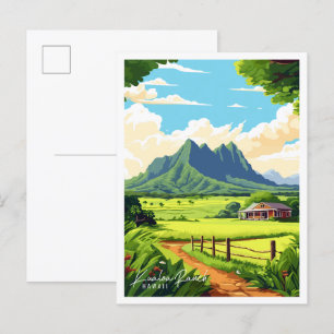 Kualoa Ranch Hawaii vintage travel illustration Postcard
