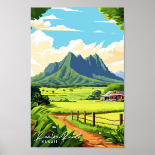 Kualoa Ranch Hawaii vintage travel illustration Poster