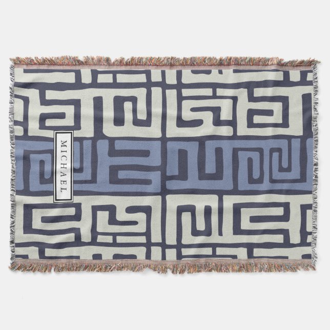 Kuba Cloth Inspired Cool Earth Colours Customized Throw Blanket (Front)
