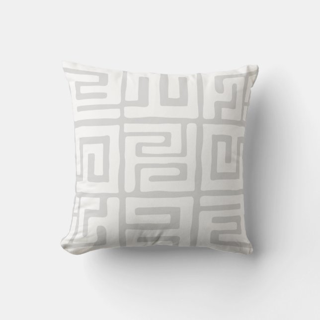 Kuba Cloth Inspired White|Grey Geometric Throw Pillow (Front)